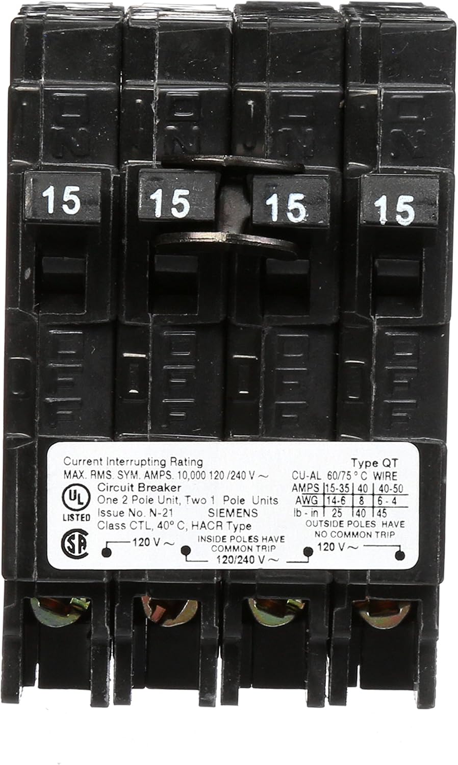 SIEMENS Q21515CT Double Two 15-Amp Single Pole Circuit Breaker