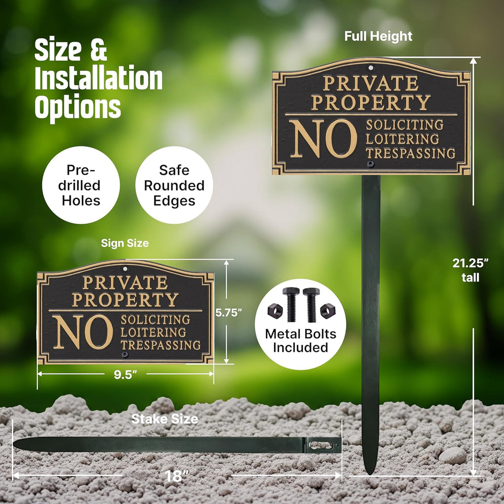 Private Property Sign for Yard, No Soliciting Loitering Trespassing Garden Plaque | 5.75" x 9.5" Aluminum Plaque with