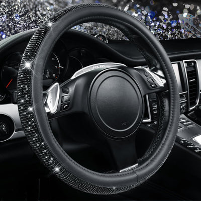 Bling Diamond Leather Steering Wheel Cover, With Sparkly Crystal Glitter Rhinestones Universal Fit 14"1/2-15" Car