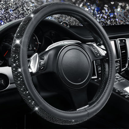 Bling Diamond Leather Steering Wheel Cover, With Sparkly Crystal Glitter Rhinestones Universal Fit 14"1/2-15" Car