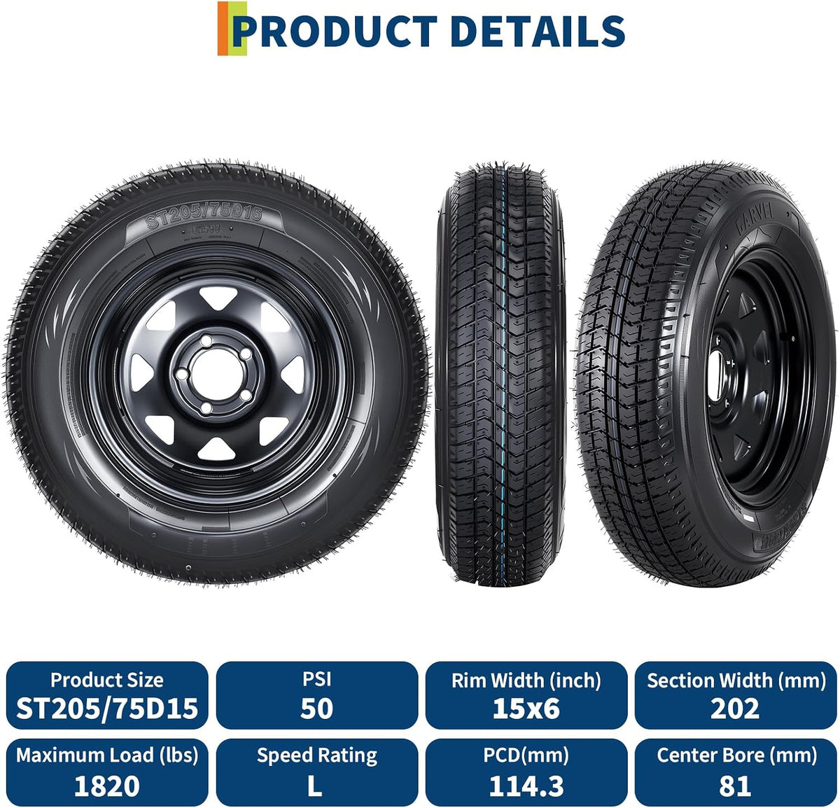 2-Pack ST205/75D15 Trailer Tires and15" Rims, 5 Lug on 4.5" Bolt Pattern, 6PR Load Range C, Heavy Duty 205 75 15