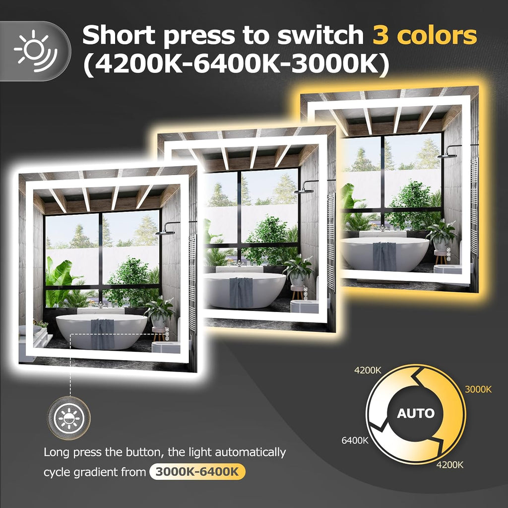36"X36" LED Bathroom Mirror with Lights, Anti-Fog, Dimmable, Backlit + Front Lit, Smart Bathroom Vanity Mirror