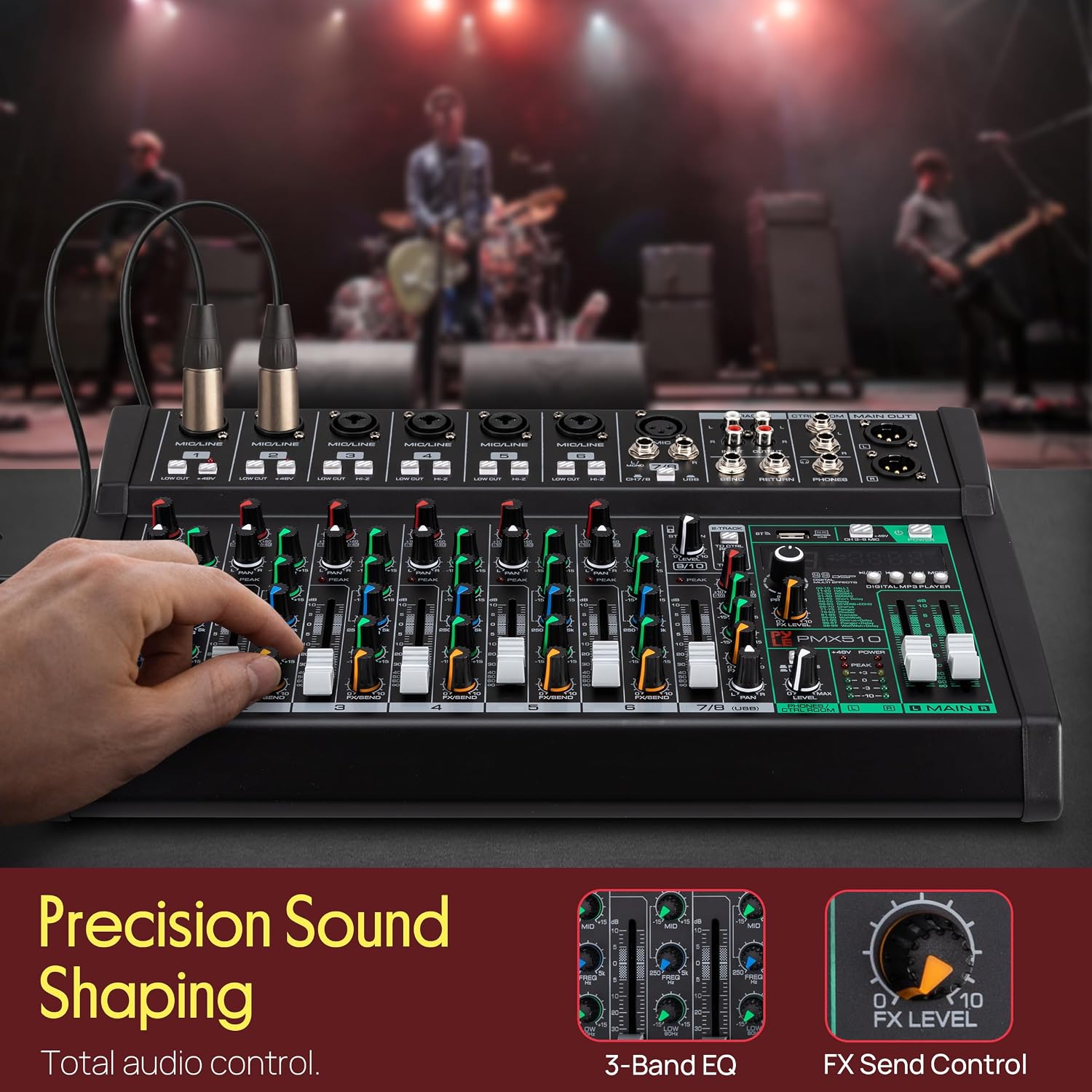 10 Channel Audio Mixer - 6 XLR Combo Mic Inputs, Bluetooth Studio Mixer/DJ Controller with DSP Digital Effects, USB-A