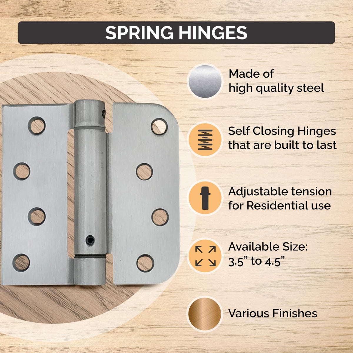 Spring Hinges – Commercial Grade Satin Chrome 4.5 Inch Square 2-Pack