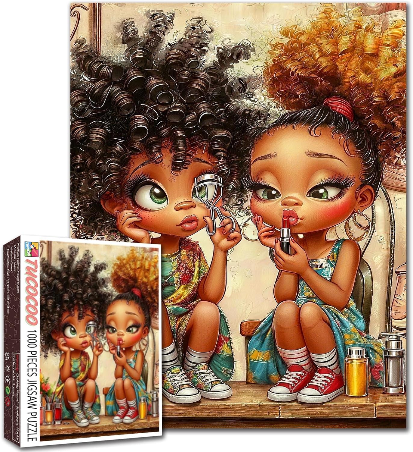 Fashion Little Girl 1000 Piece Jigsaw Puzzle for Adults Black Girl Makeup Scene Puzzle Beauty Theme Friendship