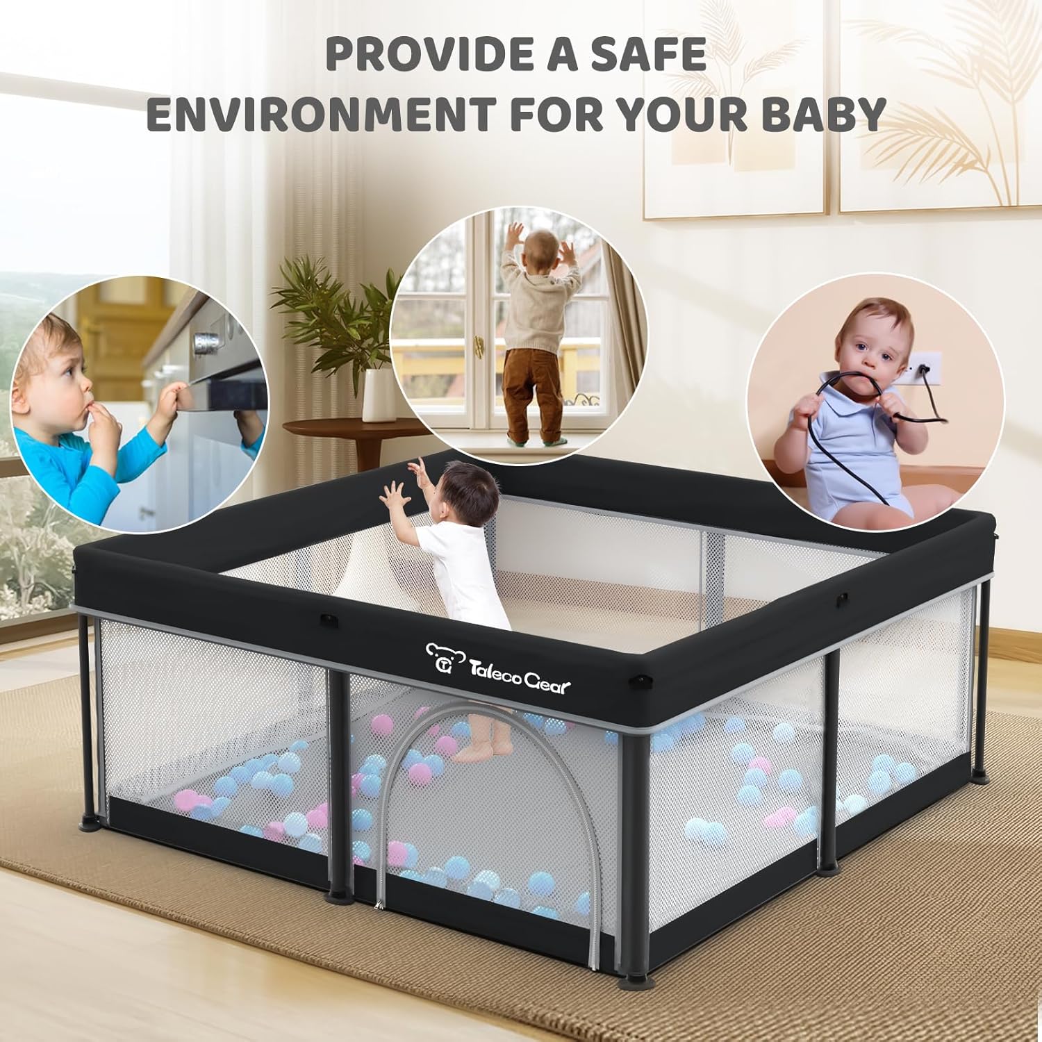 Taleco Gear Foldable Baby Play Pen with Mat, 50''x50'' Playpen for Babies and Toddlers, Playpen for Baby with Gate