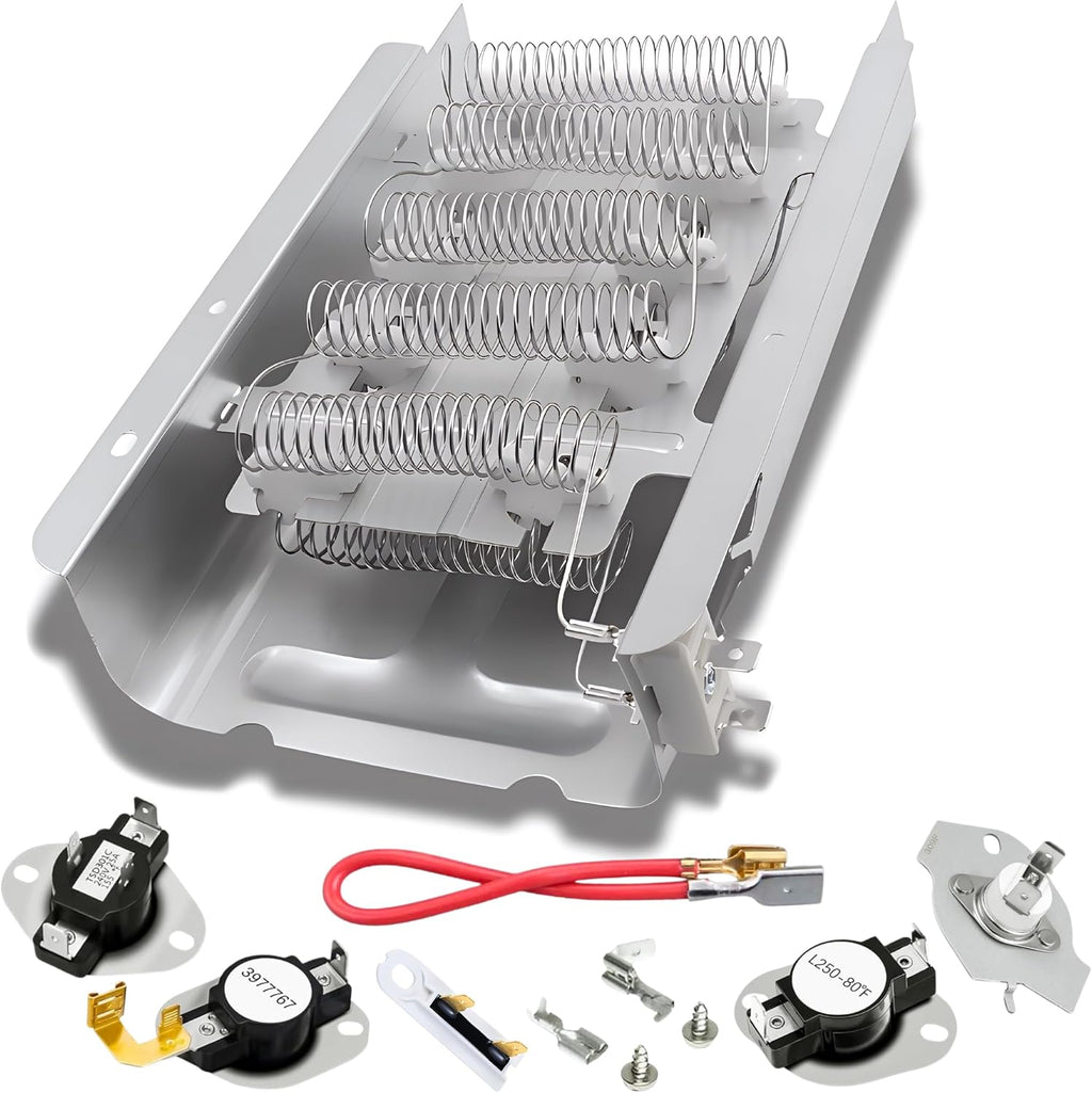 Dryer Heating Element fits Whirlpool WED5600VQ0, WED5700SW0, WED5700VH0, WED5700VH1, WED5700VW0 - Full Replacement Kit with Thermostat, Thermal Fuse & Cut-Off Switch