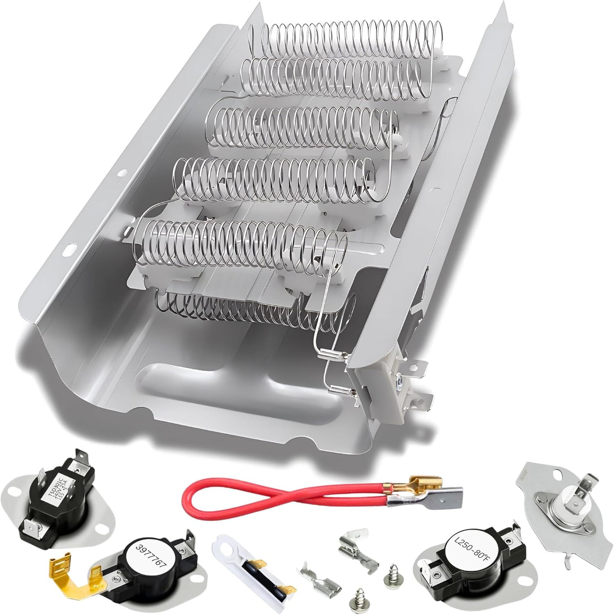 Dryer Heating Element fits Whirlpool WED5600VQ0, WED5700SW0, WED5700VH0, WED5700VH1, WED5700VW0 - Full Replacement Kit with Thermostat, Thermal Fuse & Cut-Off Switch