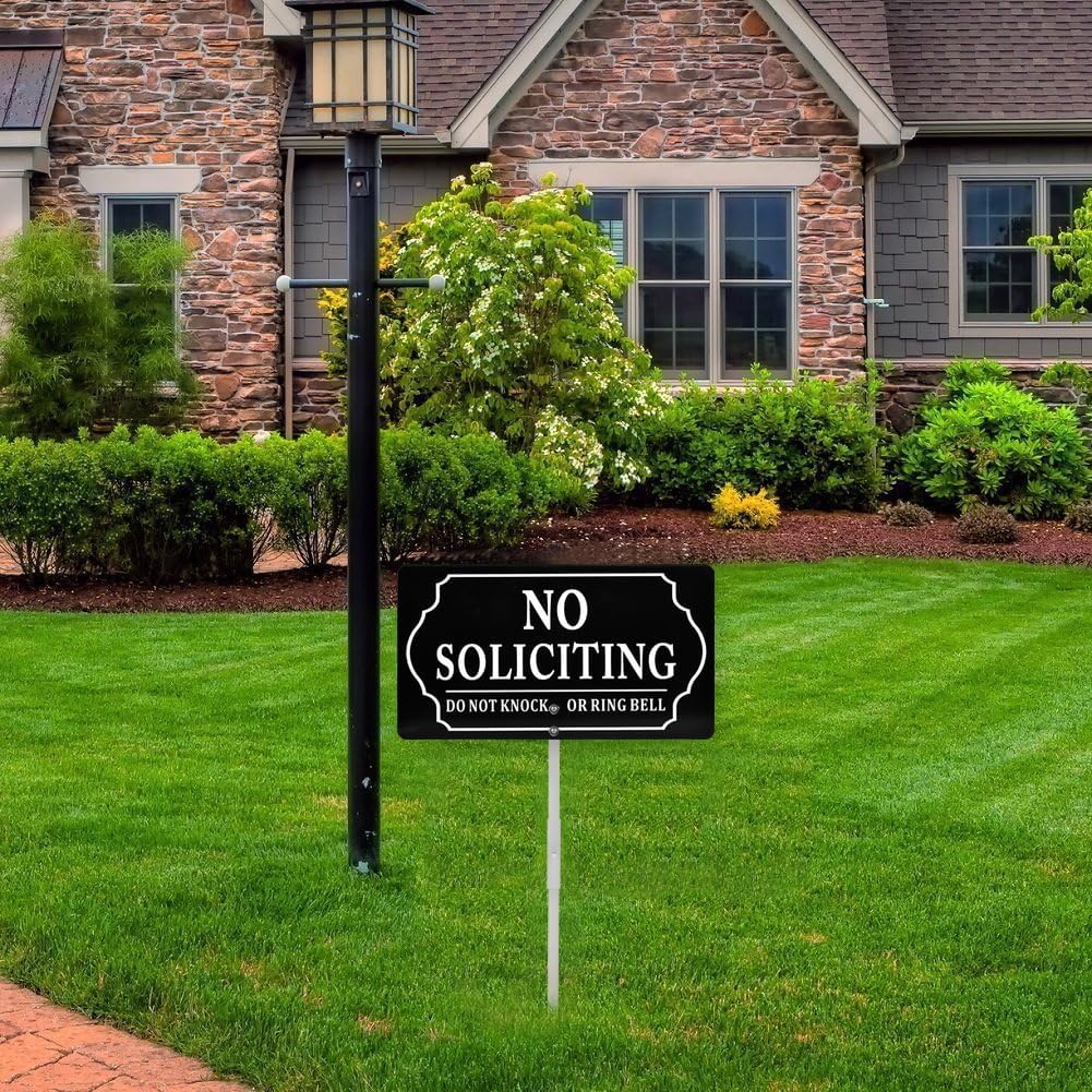 No Soliciting Sign for House with Metal Stake, 7 x 13 Inch/35 Inch High, Do Not Knock or Ring Bell, Aluminum Yard