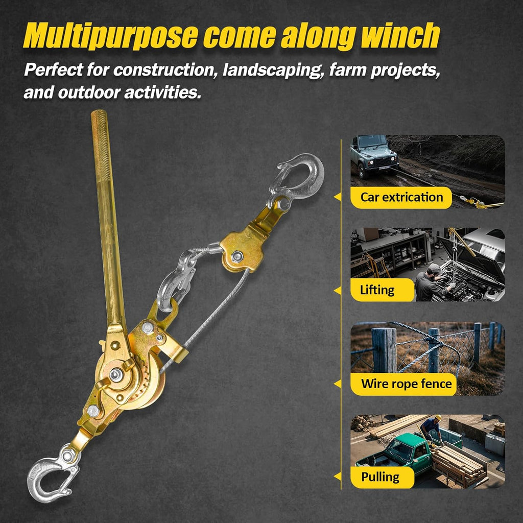 Come Along Winch Puller 3T 10FT, Cable Hoist Winch Puller with 2 Hooks, Come Along Tool Heavy Duty, Ratchet Puller