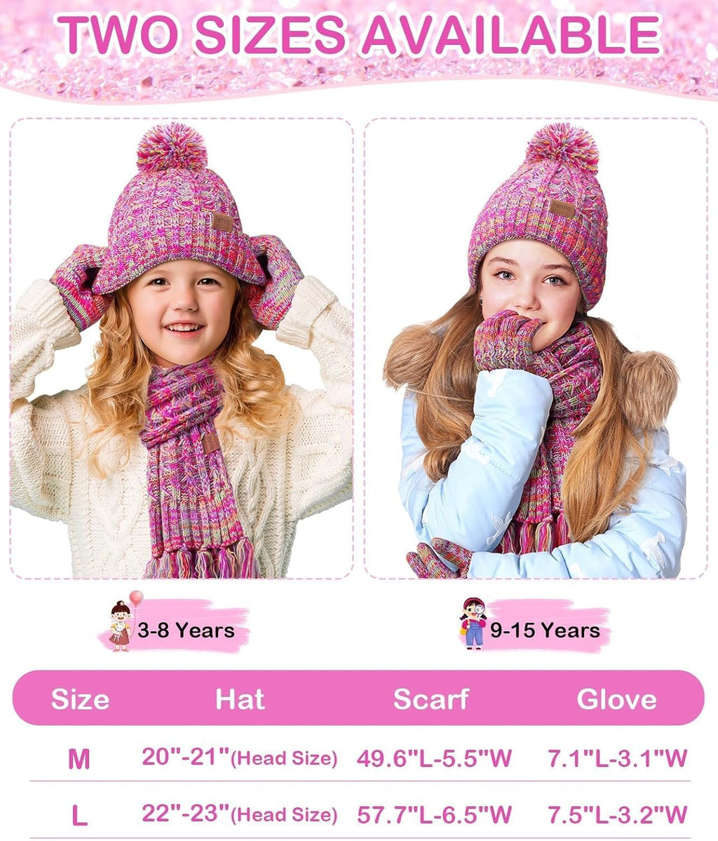 Kids Winter Hat Gloves Scarf Set, Valentines Gift for Girl Boy Toddler w/Fleece Lined Pom Beanie Warmer Scarf Mittens