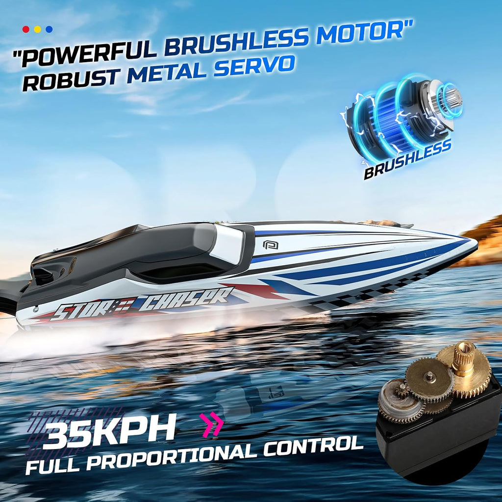 16" Brushless RC Boat for Adults, 35+ KPH, Self-Righting, 2 Batteries | 3S Power, Capsize Recovery, Carrying Case