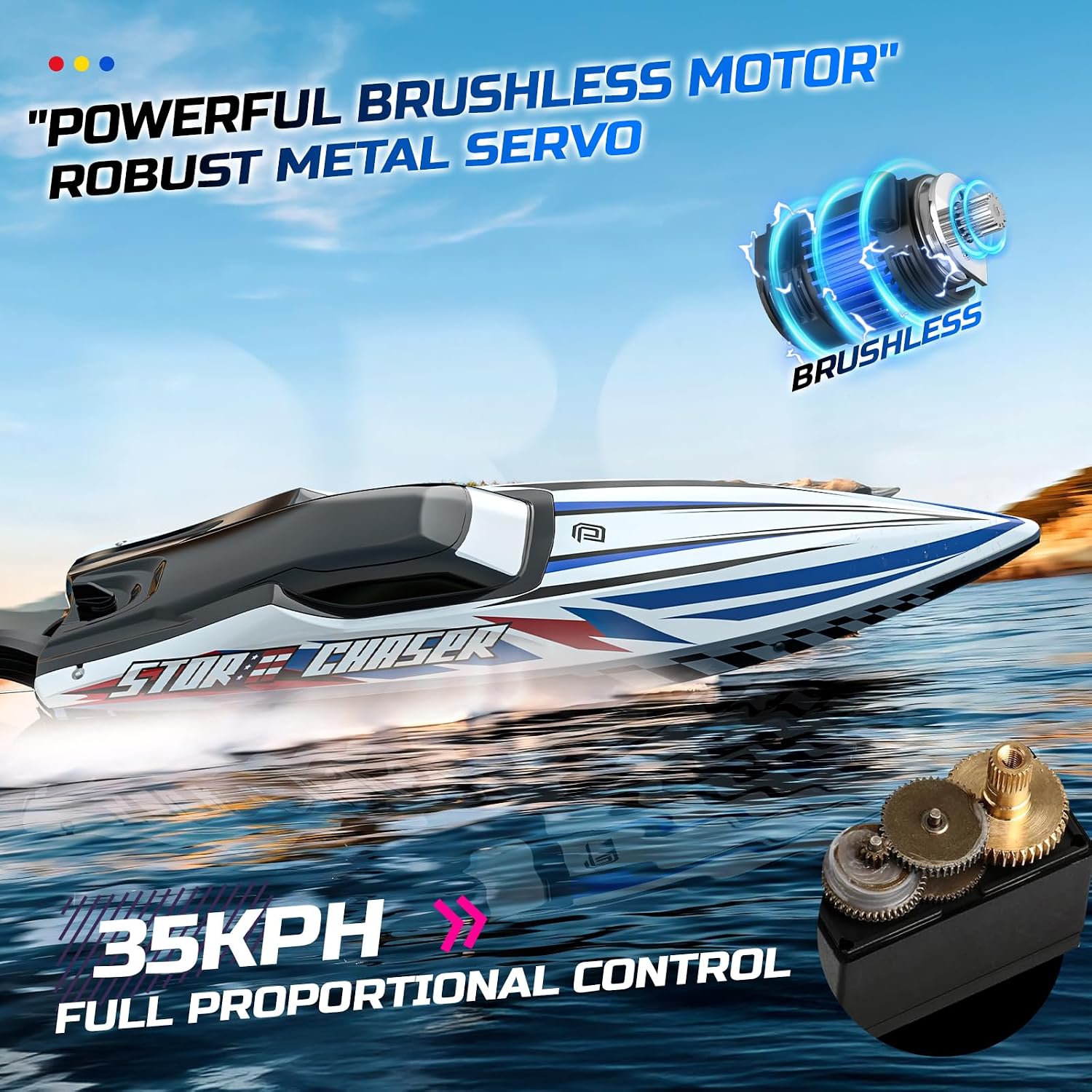 16" Brushless RC Boat for Adults, 35+ KPH, Self-Righting, 2 Batteries | 3S Power, Capsize Recovery, Carrying Case