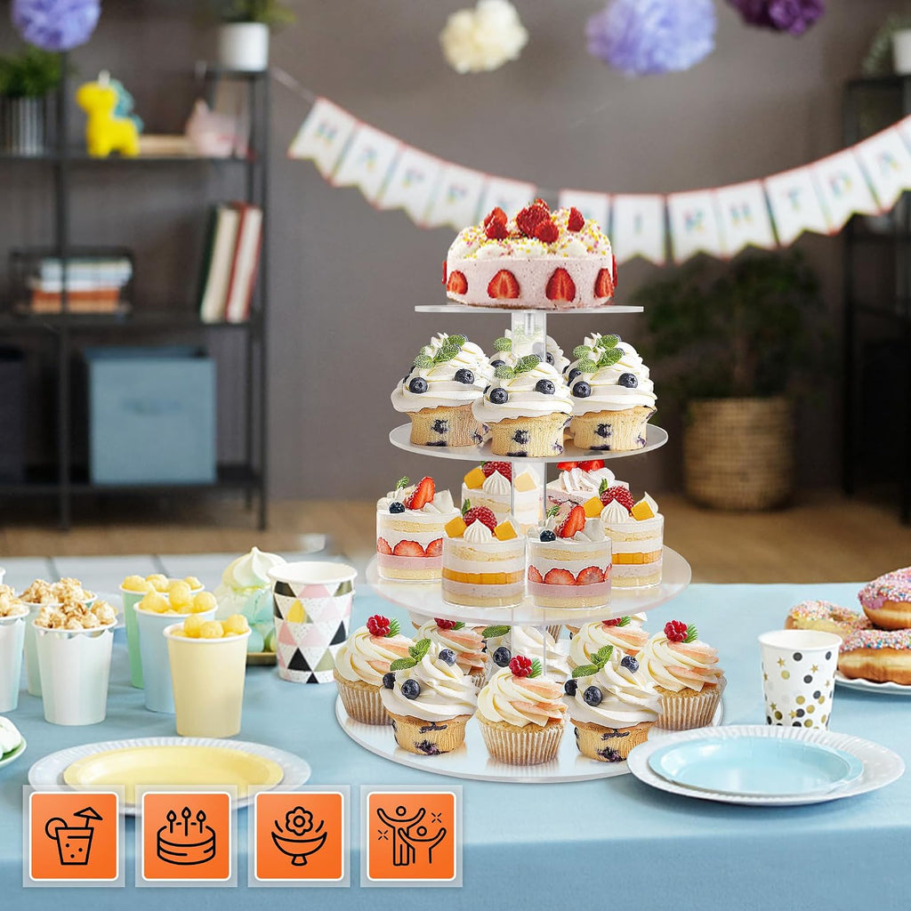 Cupcake Stand, 4 Tier Cupcake Stand for 50 Cupcakes, Round Tiered Cupcake Tower, Clear Acrylic Cupcake Holder