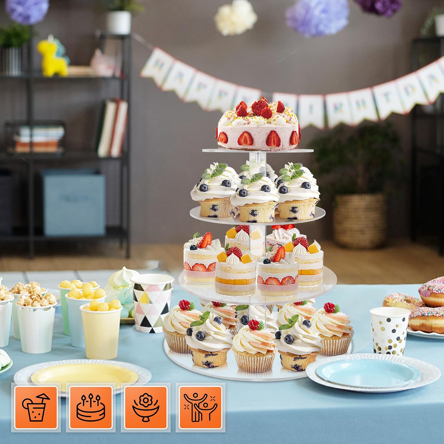 Cupcake Stand, 4 Tier Cupcake Stand for 50 Cupcakes, Round Tiered Cupcake Tower, Clear Acrylic Cupcake Holder