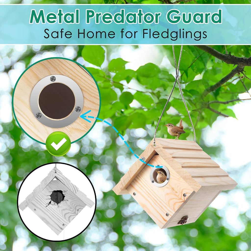 2 Pack Wren House, 1-1/8'' Entrance Hole Hanging Wooden Wren Bird Houses for Outside with Metal Guard, Air Vents