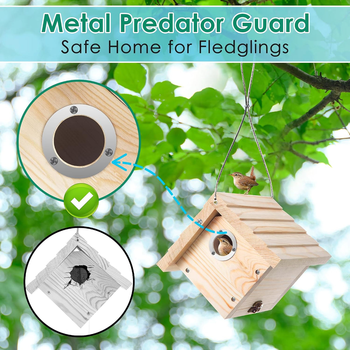 2 Pack Wren House, 1-1/8'' Entrance Hole Hanging Wooden Wren Bird Houses for Outside with Metal Guard, Air Vents