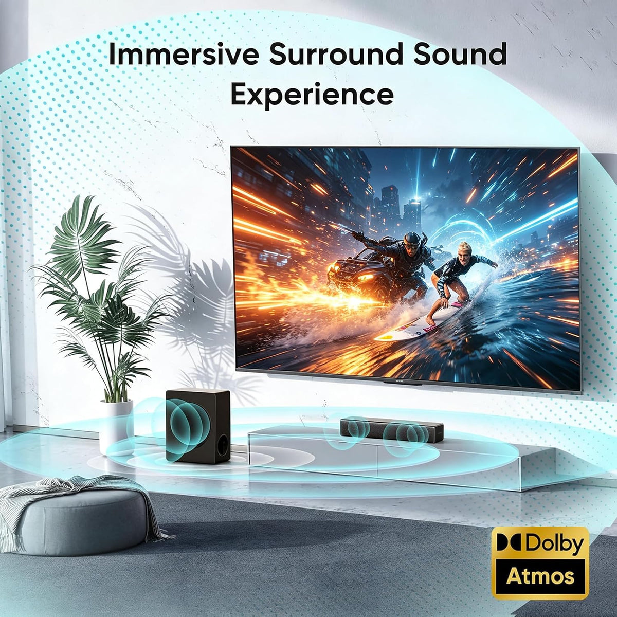 2.1 CH Sound bar with Subwoofers, 100W Sound Bar for Smart TV, Dolby Atmos Surround Sound System, Adjustable Home