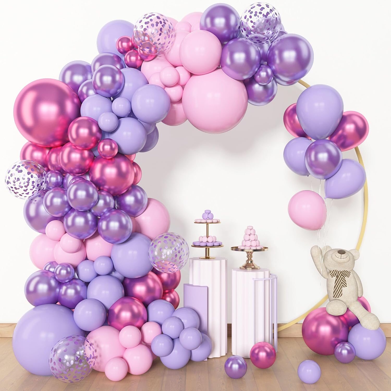 153pcs Pink Purple Balloon Garland Arch Kit, Different Sizes 18 12 10 5 inch Pink Purple Red Latex Metallic Confetti