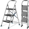 3 Step Ladder Foldable Folding Stool - for Home Adults Kitchen, Iron, Black, Extension Tall Heavy Duty with Handrails