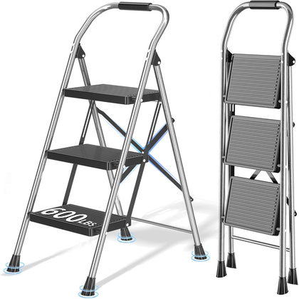 3 Step Ladder Foldable Folding Stool - for Home Adults Kitchen, Iron, Black, Extension Tall Heavy Duty with Handrails