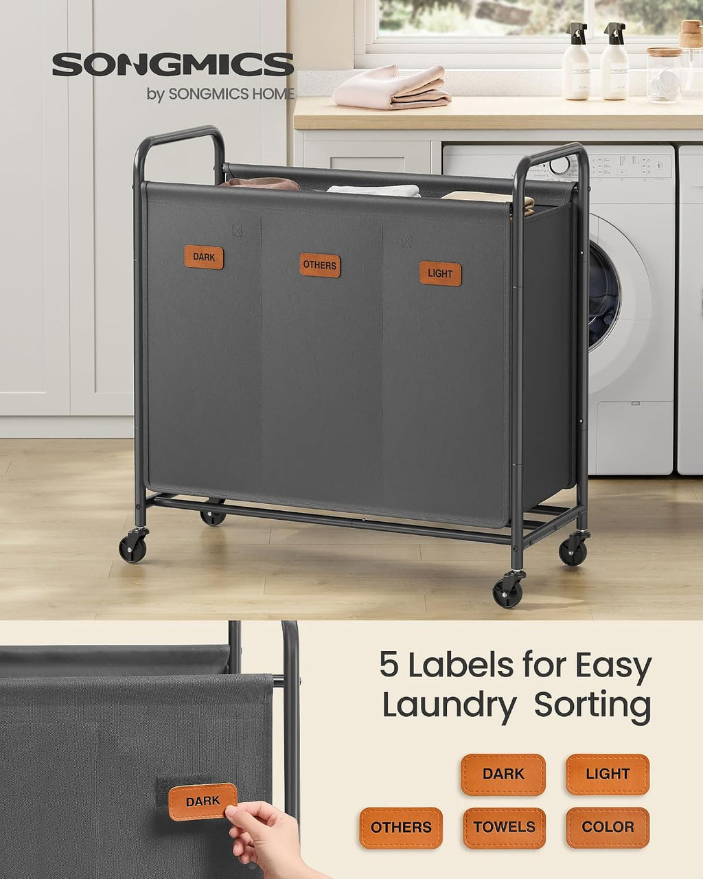 3-Section Laundry Sorter, Laundry Hamper with Wheels, Rolling Clothes Hamper Cart with Large Capacity and Removable Bags