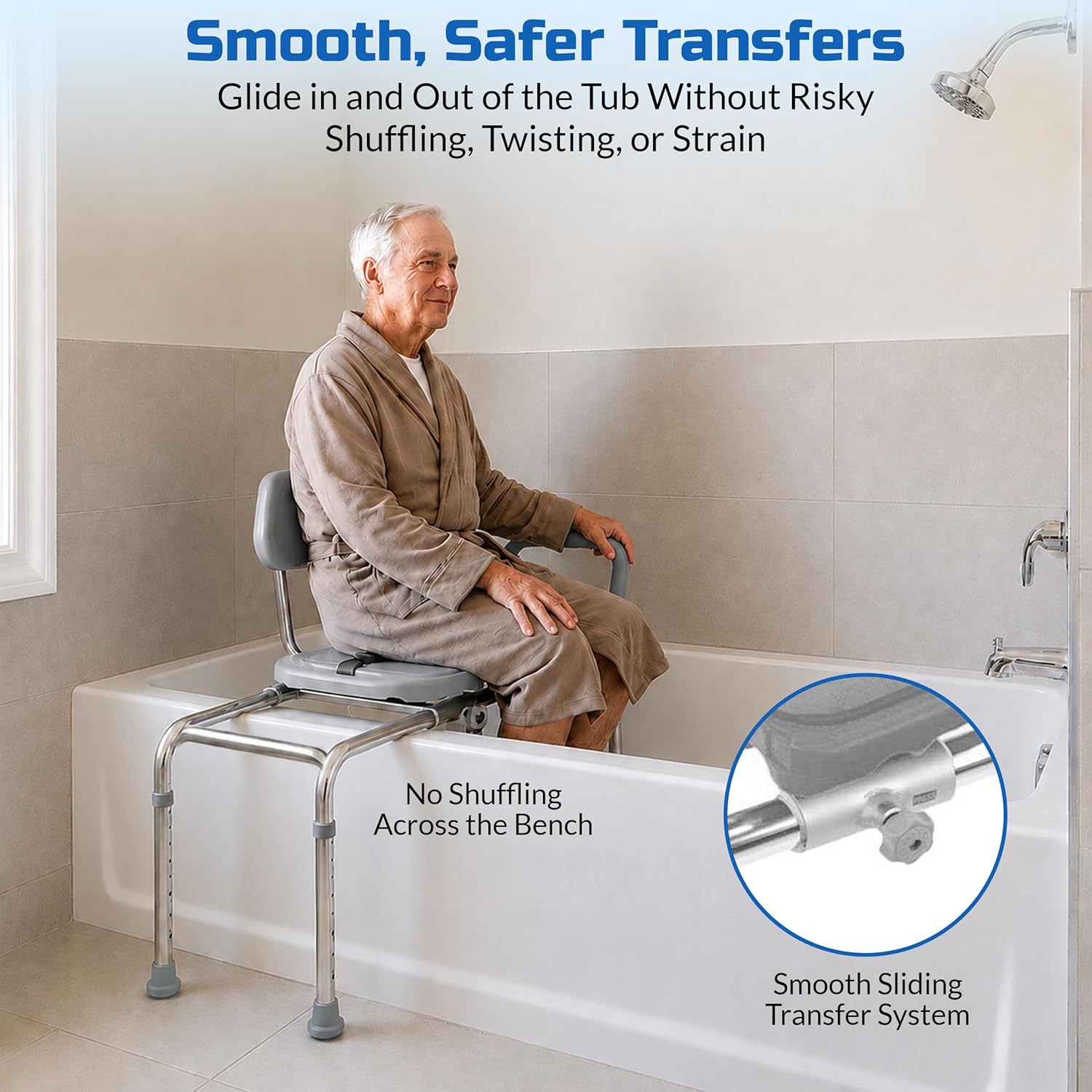 Sliding Shower Chair HydroGlyde Premium Heavy Duty, Padded Bathtub Transfer Bench with Cut Out Seat, for Bath Tub