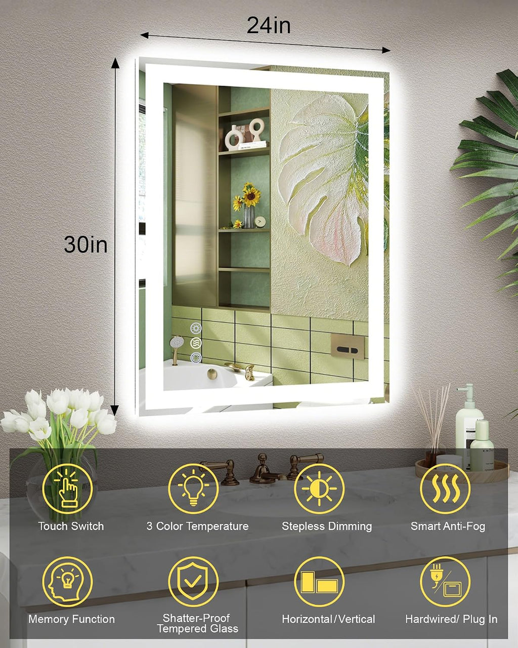 24x30 LED Bathroom Mirror, 6000LM, Separate Front and Back Lights | UL Certified,Shatter-Resistant Tempered
