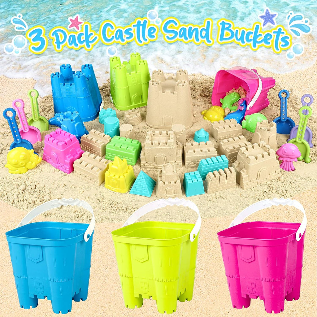 Beach Toys with 3 Castle Buckets, Sand Molds for Kids Ages 3-12 | Sand Castle Molds, Mesh Bags, Shovel for Sandcastle