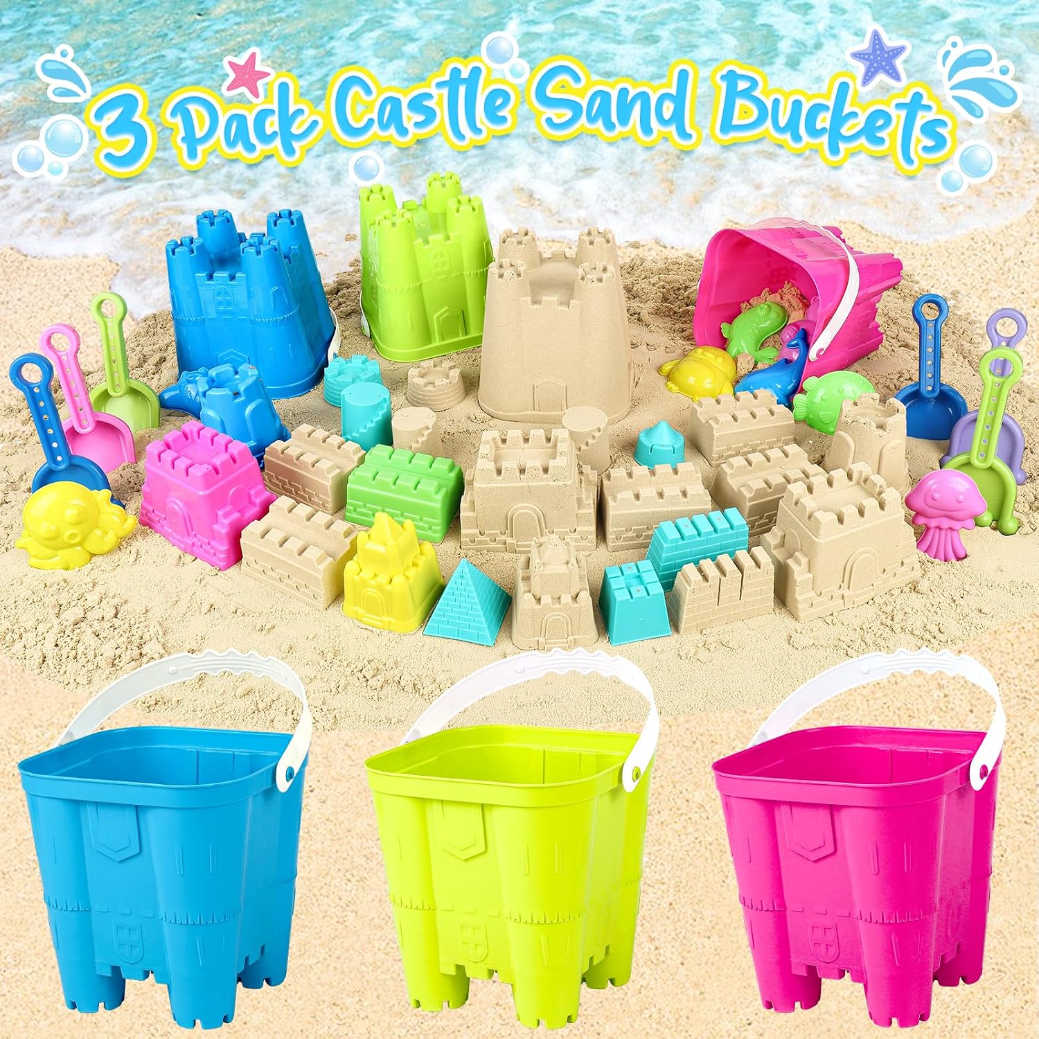 Beach Toys with 3 Castle Buckets, Sand Molds for Kids Ages 3-12 | Sand Castle Molds, Mesh Bags, Shovel for Sandcastle