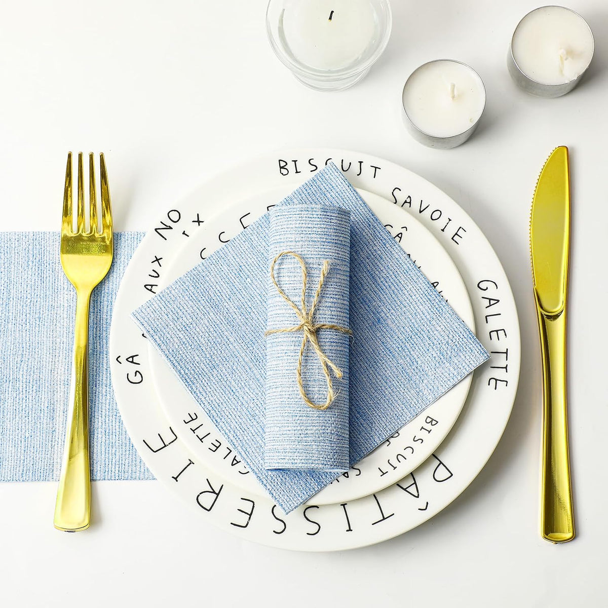 100 Pack Blue Linen Cocktail Napkin 10x10 Inch Disposable Napkins