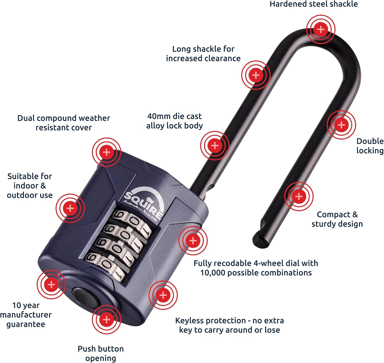 Heavy Duty Padlock (CP40/2.5) - Toughest Extra Long Shackle - 4 Wheel Combination Padlock - Alloy Steel for Corrosion