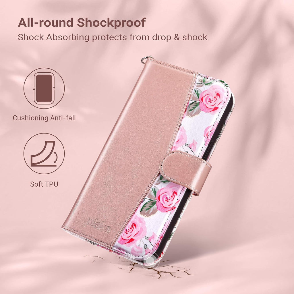 Compatible with iPhone 15 Wallet Case for Women, Premium PU Leather Floral Flip Cover with Card Holder, Kickstand