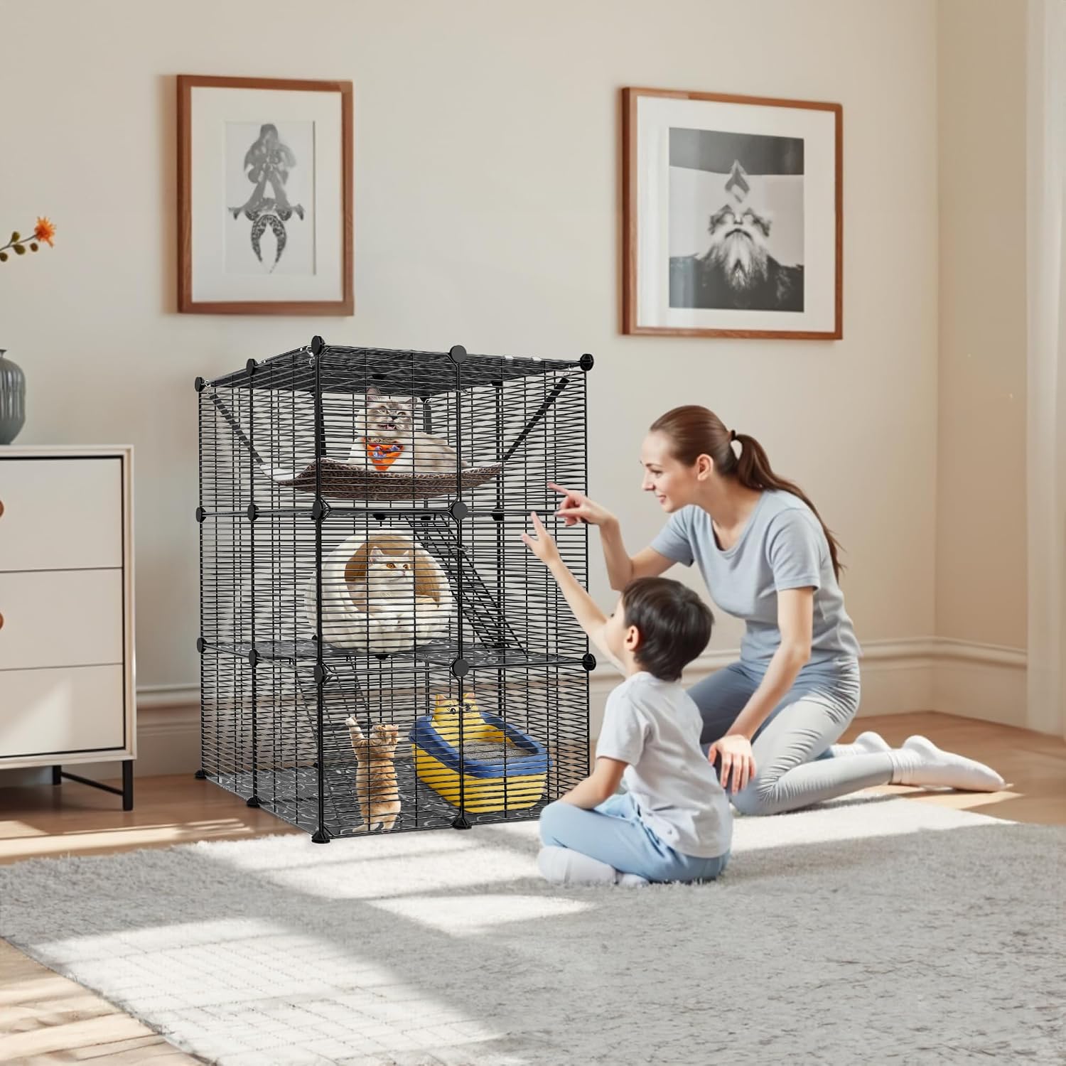 Cat Cage Indoor Cat Enclosures DIY Cat Playpen Detachable Metal Wire Kennels with Extra Large Hammock for 1-2 Cats
