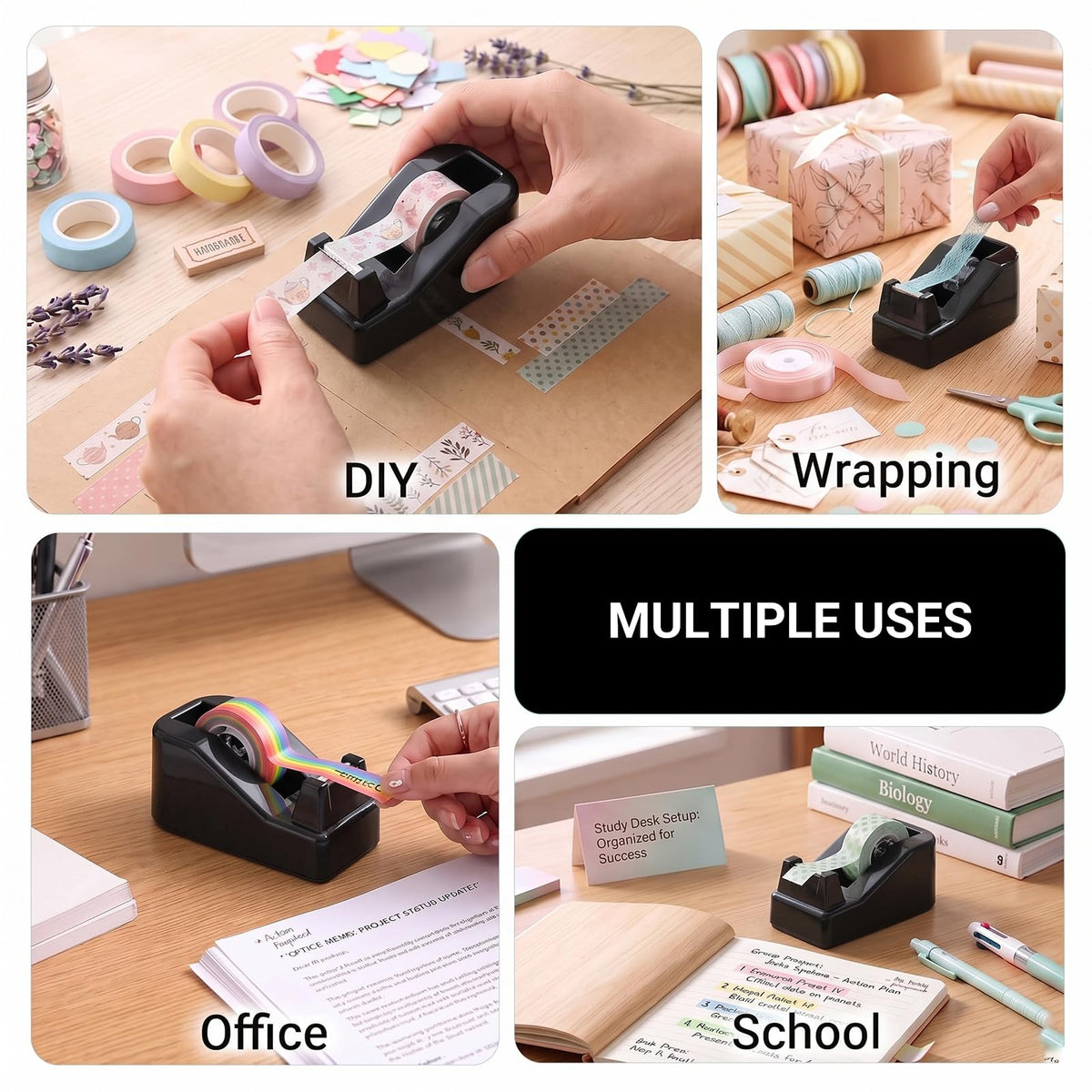 Desk Tape Dispenser, Cute Office Supplies, Non-Slip Base, Black