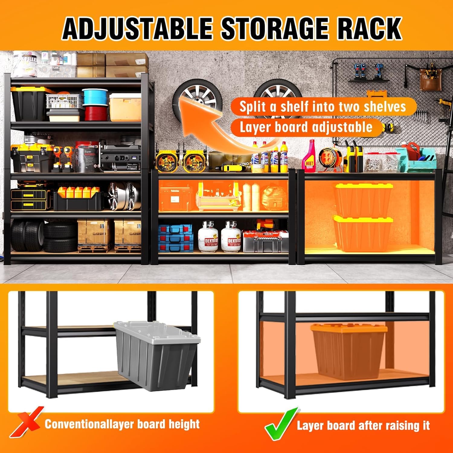 71.2''H Storage Shelves, 2500lbs Garage Shelving,Adjustable Heavy Duty Shelving Unit,5T Tall Garage Shelves，Wood