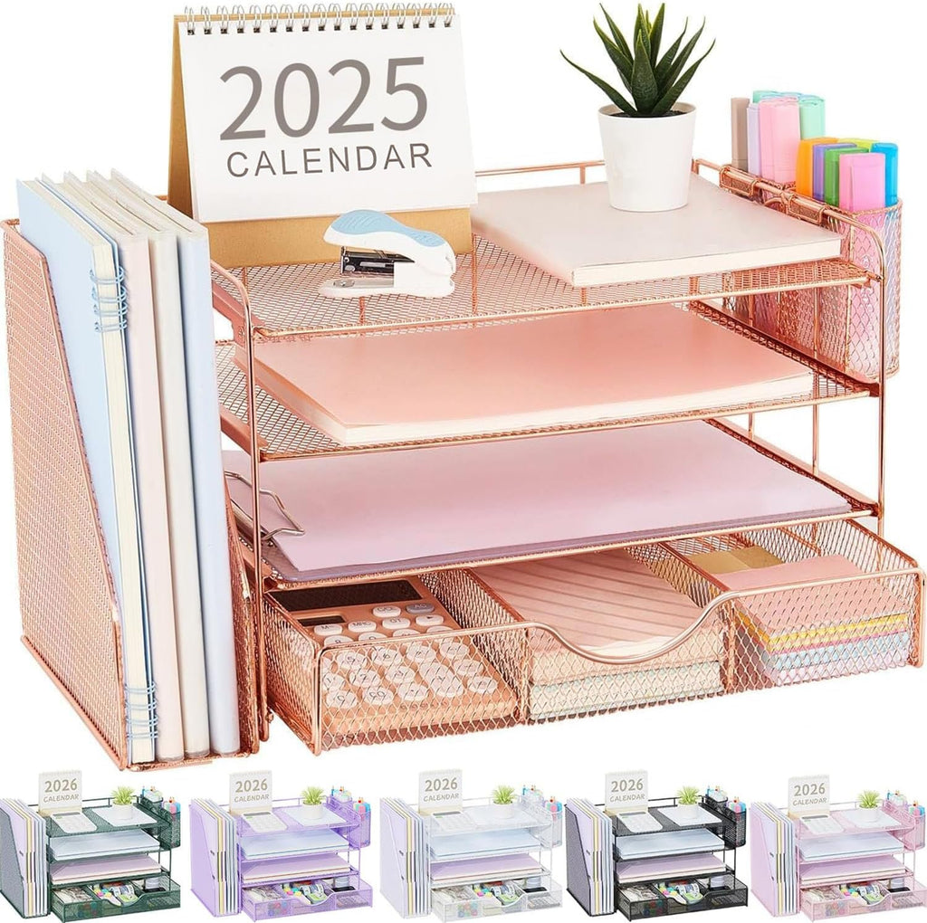 Desk Organizers and Accessories with File Holder, 4-Tier Desk Accessories & Workspace Organizers with Drawer and 2