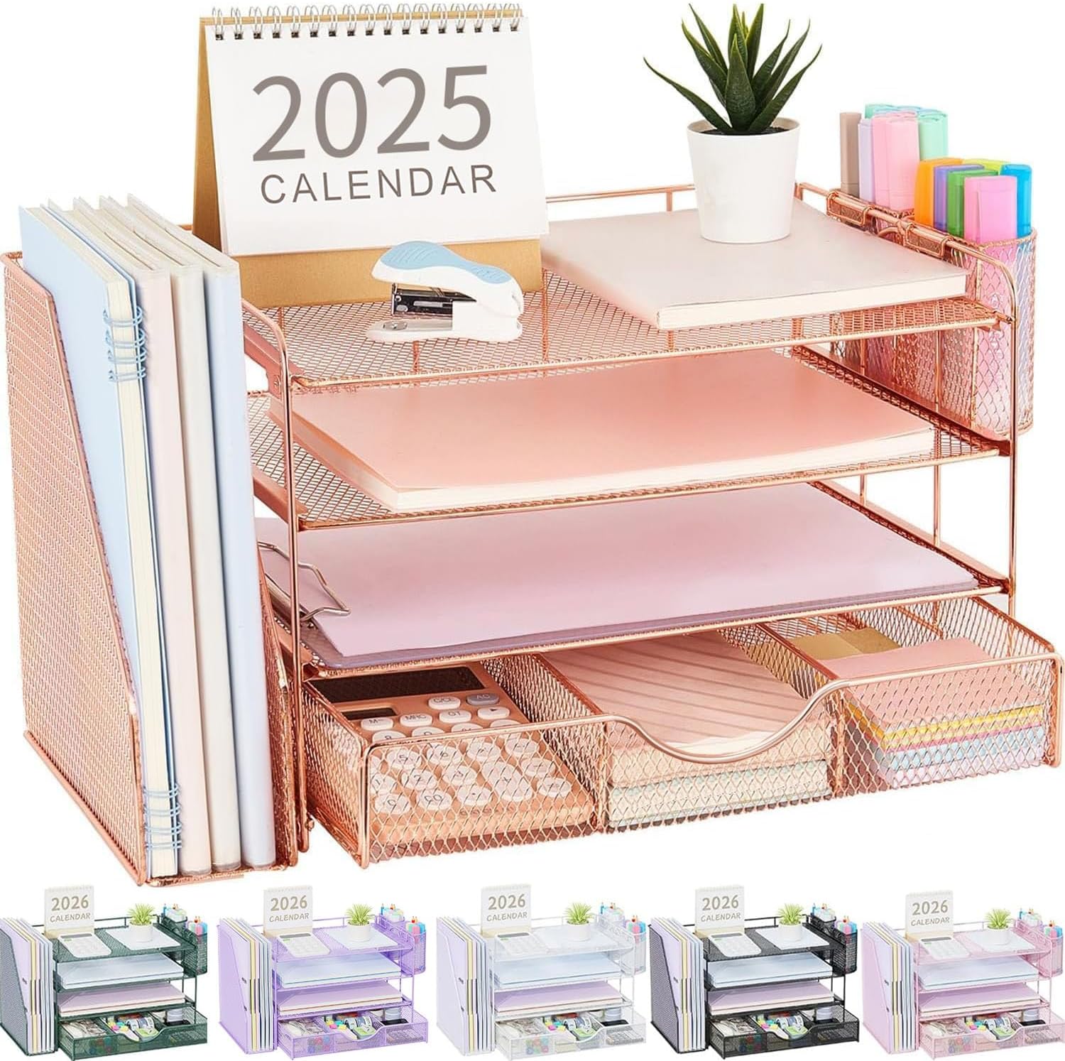 Desk Organizers and Accessories with File Holder, 4-Tier Desk Accessories & Workspace Organizers with Drawer and 2