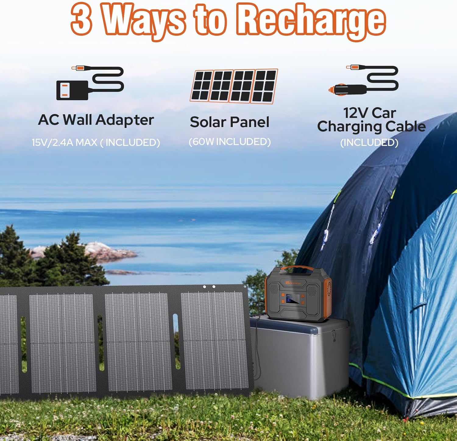 300W Solar Power Station Generator with Foldable 60W Solar Panel Charger, 110V Portable Solar Power Bank with AC