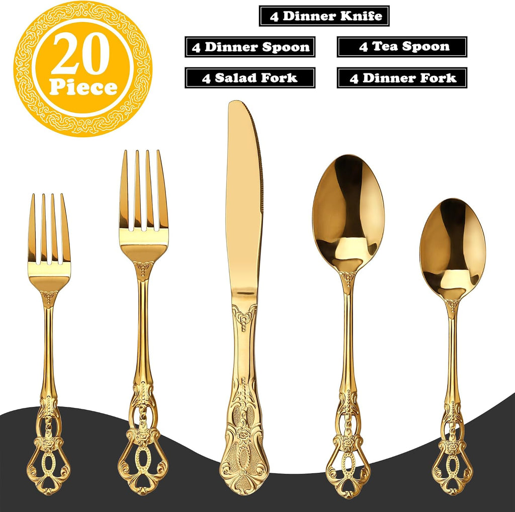 Gorgeous Retro Royal Gold Stainless Steel 20-Piece Flatware Set