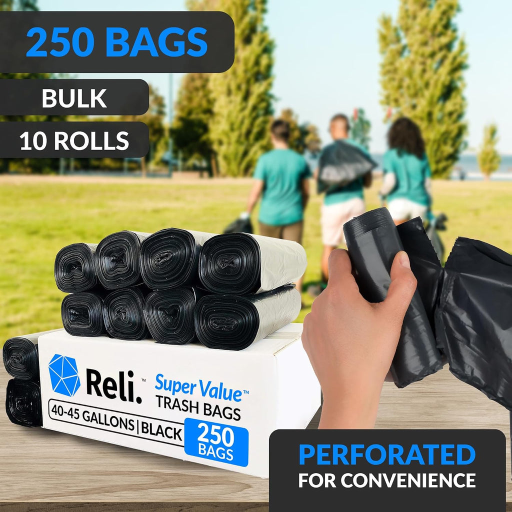 40 to 45 Gallon Trash Bags Heavy Duty | 250 Trash Bags, Twist Ties | Black, Serious Garbage Cleanup | Large Garbage