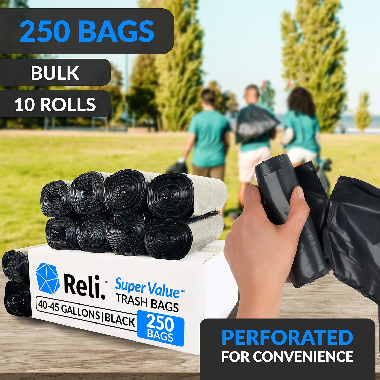 40 to 45 Gallon Trash Bags Heavy Duty | 250 Trash Bags, Twist Ties | Black, Serious Garbage Cleanup | Large Garbage