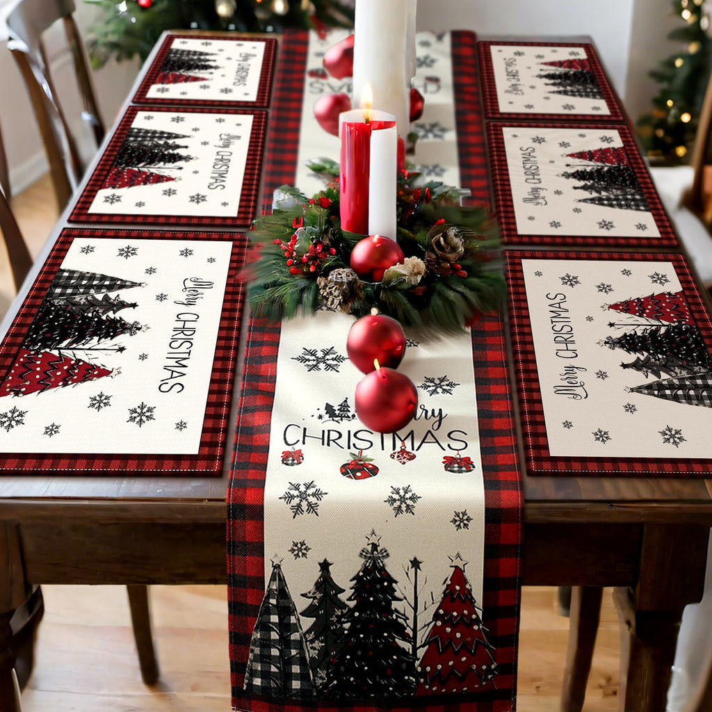 7 Pcs Christmas Table Runner and Placemats Set, Serve 6