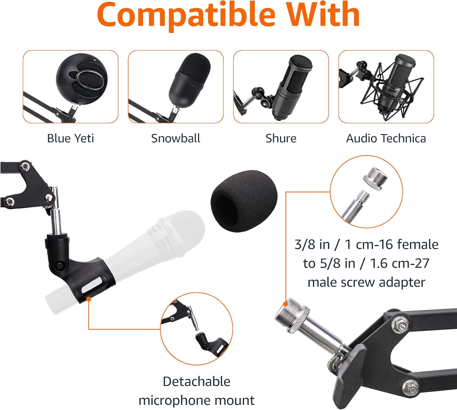 Adjustable Microphone Boom Arm Stand, 14 inch, Supports Standard Microphones, Adjustable Tension, Includes Pop Filter