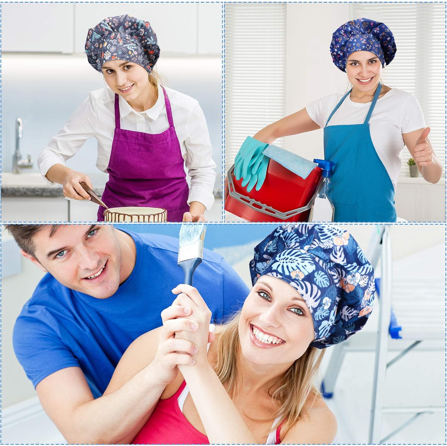 12 Pieces Bouffant Caps for Women Adjustable Nurse Working Hats with Button and Sweatband Printed Caps for Men Women
