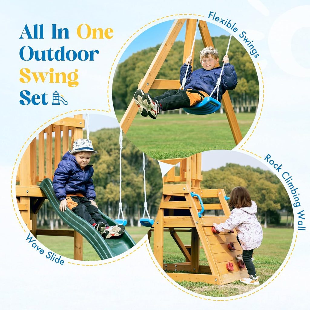 Swing Sets for Backyard, Wooden Swing Set, All-in-One Kids Outdoor Play Equipment with Two Swings, Slide, Rock