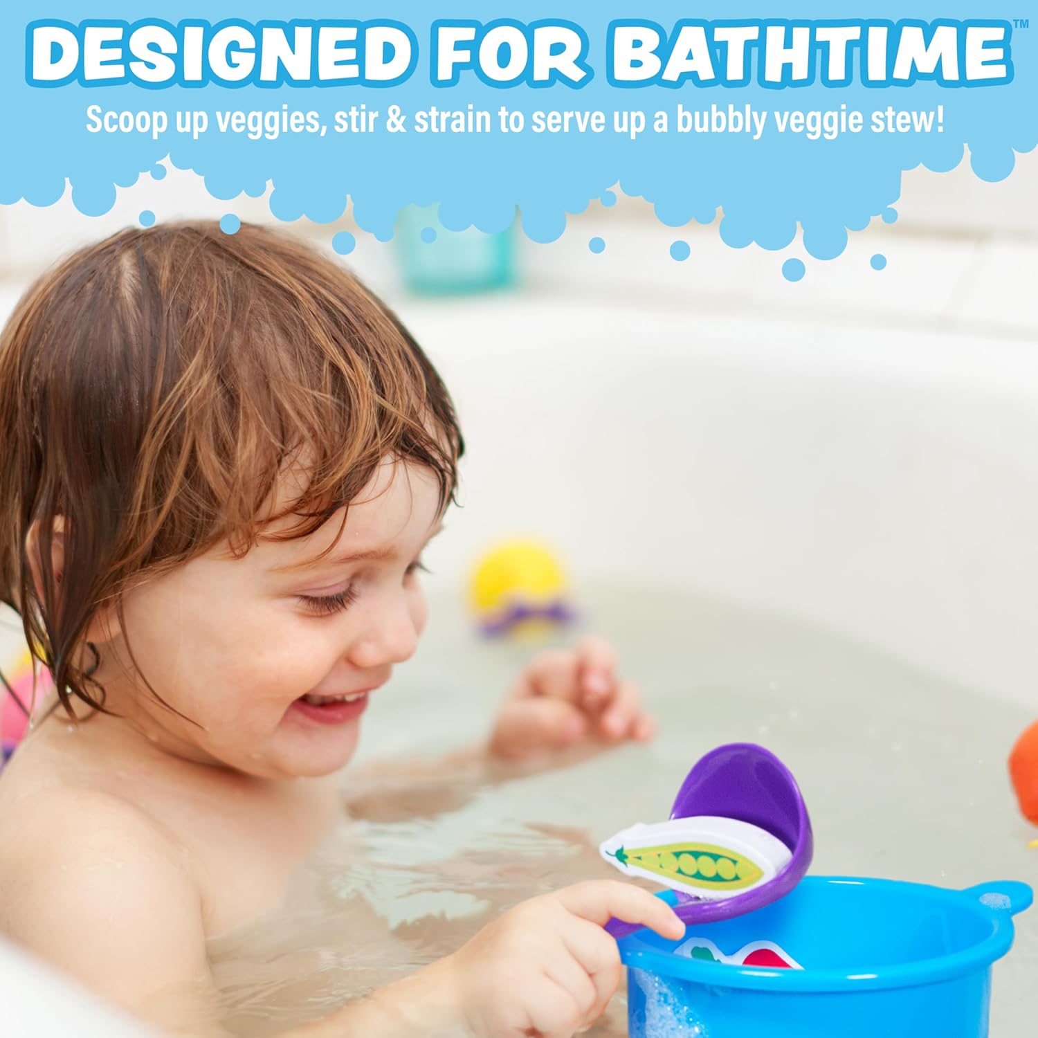 Tub Soup Scoop, Strain & Play Toddler Bath Toy | Floating Foam Veggies, Ladle for Scooping & Soup Pot for Straining |