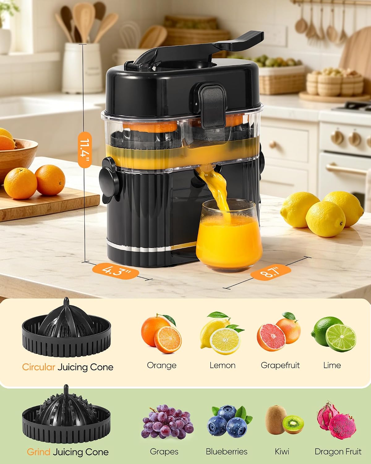 Dual-Head Electric Orange Juicer, Built-in Cutter Citrus Juicer Squeezer with Power Cord & Cleaning Brush, One-Touch
