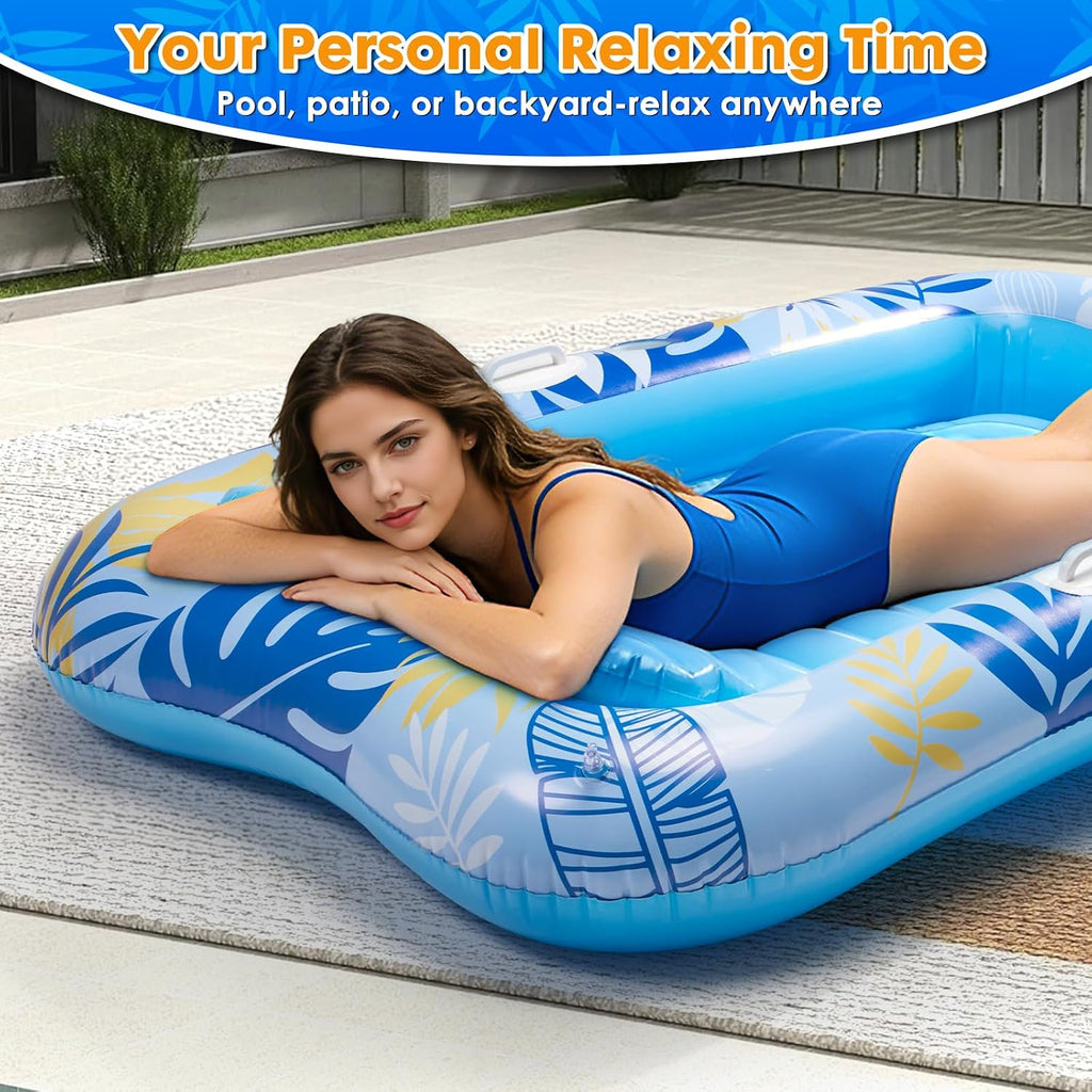 Inflatable Tanning Pool Lounger Float, 70" x 46" Blow up Pool Floats Adult with Pillow and Drink Holder, Sunbathing