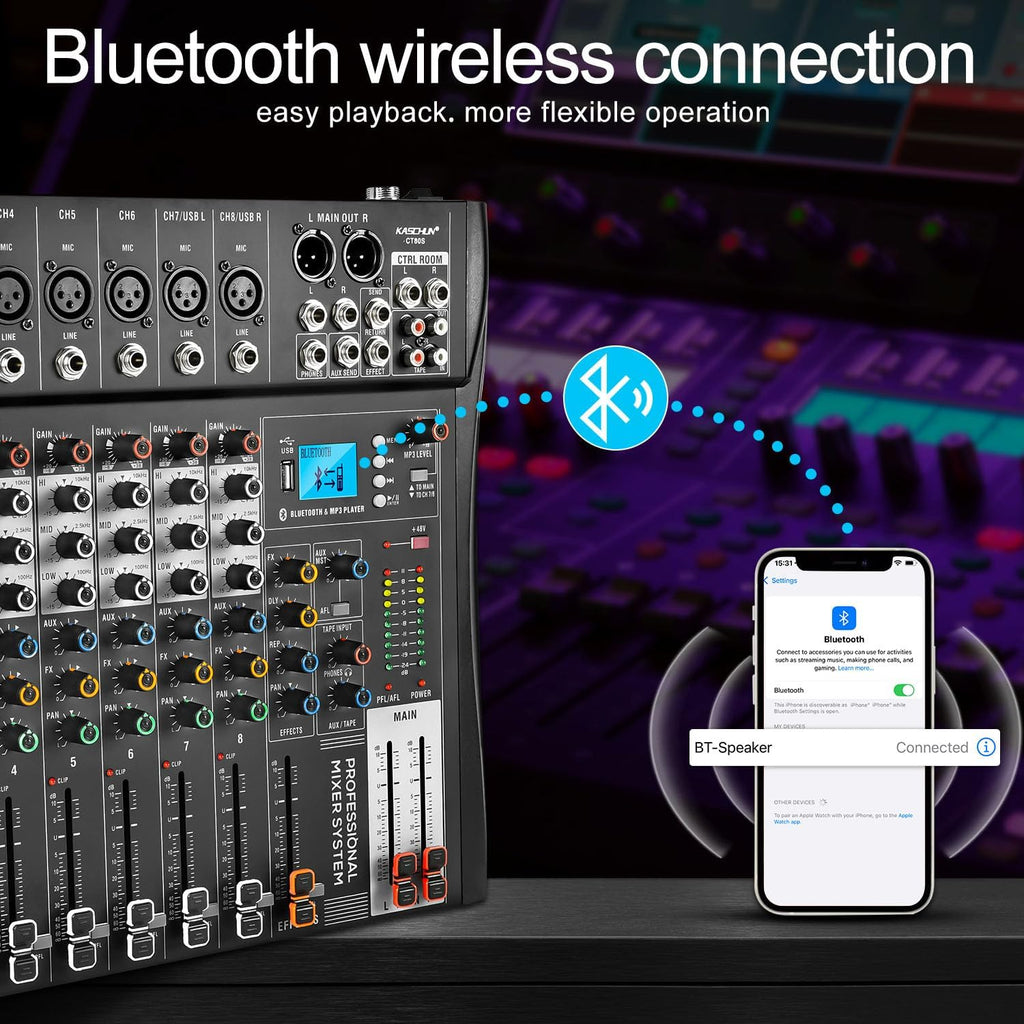 8-Channel Audio Mixer, Recording Sound Board with Bluetooth | DJ Mixer Board with 48V Phantom, USB & XLR Interface